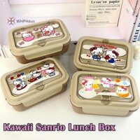 Whphous  Hộp cơm trưa Kawaii Sanrio Hello Kitty Kuromi Cinnamoroll Bento Box W / Muỗng Đũa Hộp đựng thực phẩm Hộp tươi Đẹp