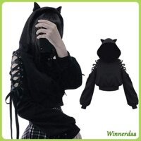 Winn Nữ Dễ Thương Cho Tai Mèo Áo Khoác Tay Dài Rỗng Ra Lạnh Vai Phối Ren Rời Crop Top Bông Tai Kẹp Đồ Họa Mồ Hôi