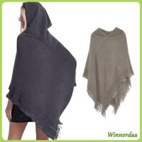Winn Nữ Mùa Đông Đan Mũ Trùm Đầu Poncho Mũi Móc Viền Tua Rua Khăn Choàng Quấn Áo Len
