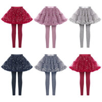 Winnrchan 90-140 Bé Gái Quần bó màu trơn Dây thắt lưng thun Quần legging không chân Quần có váy lưới Tutu lấp lánh cho bữa tiệc chụp ảnh Mặc hàng ngày