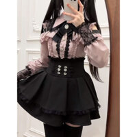 Winter College Style Japanese Style Off-Shoulder Lace Trim Shirt Top+Waist-Cinching Lace Trim Mass-Produced Skirt Set