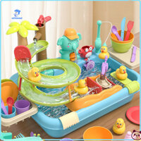 Wirlsweal Đồ chơi bồn rửa không cần pin cho trẻ em Hệ thống tuần hoàn nước Playset Bộ đồ chơi bồn rửa nhà bếp có trò chơi trượt nước và câu cá cho trẻ em Giả vờ chơi máy rửa chén cho trẻ mới biết đi