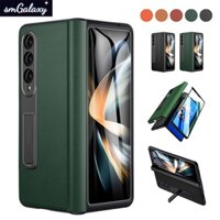 [with Hd or privacy glass] for samsung galaxy z fold 2 3 4 case high-grade leather bracket shell with hinge protection fold3 cover fold3 casing fold4 case (night green)