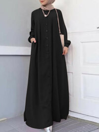 Women Button Front Kaftan Robe Long Sleeve Shirt Maxi Dresses With Pocket