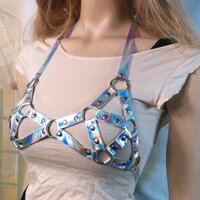 Women Harness Adjustable Cage Bra Leather Hollow Out Strappy Lingerie - Silver