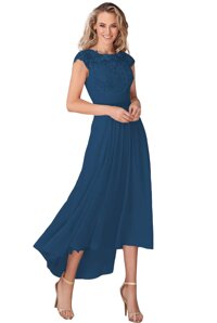 Women's Cap Sleeve Mother of The Bride Dress with Pocket Bateau Neck Lace Chiffon Formal Evening Party Gown P053