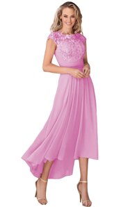 Women's Cap Sleeve Mother of The Bride Dress with Pocket Bateau Neck Lace Chiffon Formal Evening Party Gown P053