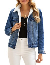 Women's Casual Button Down Ripped Fleece Basic Denim Jacket Coat with Pockets