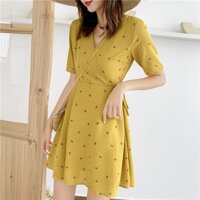 Womens Fashion Floral Print Dress V-Neck Short Sleeve Elegant Casual Lace Up A-Line Dress