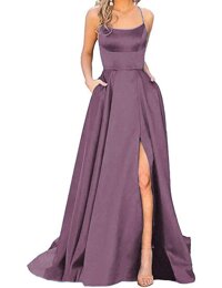 Women's Long Spaghetti Straps Prom Dresses with Pockets High Slit Backless Evening Gowns L088