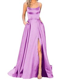 Women's Long Spaghetti Straps Prom Dresses with Pockets High Slit Backless Evening Gowns L088