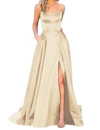 Women's Long Spaghetti Straps Prom Dresses with Pockets High Slit Backless Evening Gowns L088