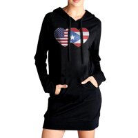 Women's Pullover Fleece Long Hoodie Dress, Puerto RICO USA Flag Twin Heart Outer Jacket with Kanga Pocket