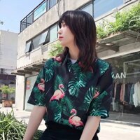 Women's short-sleeved shirt with swallow wings printed with leaves and flamingos, simple and delicate