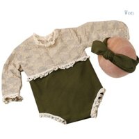Won 0-3M Quần Áo Ảnh Cho Bé Mũ Đội Đầu Ren Pháp Romper Bộ Đồ Chụp Ảnh Trẻ Sơ Sinh