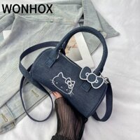 WONHOX Túi xách , Túi đeo vai thêu Hello Kitty, Túi Boston hình trụ đa năng có thể điều chỉnh Denim dành cho nữ