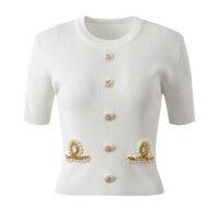 WONY Self-Portrait Unique Design Heavy Beading Single-Breasted Round Neck Short Sleeve Fashion Commuter Versatile Short Knitted Top Trend