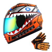 WOW Youth Motorcycle Full Face Helmet Street Bike BMX MX Kids Shark Orange + MX Skeleton Glove Bundle