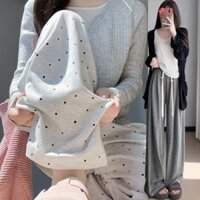 【W】Quần gạo nếp lưng cao in họa tiết chấm bi quần ống rộng thông thường dành cho nữ