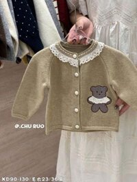WW23 - Áo khoác cardigan len QC màu nâu be hình gấu bé gái size 90-130
