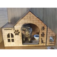 www.vietpethouae.com nhà cho chó mèo cỡ to gỗ plywood cao cấp có khay đựng bát ăn uống nước