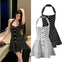 WXL8 BALM**N  Classic Style Gold Style Black and White Polka Dot Knitted Backless Halter Dress Waist Slimming Skirt24Summer New