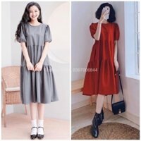 X2  váy đỏ dự tiệc xám 3 tầng nơ sau du xuân đón tết Đầm ngắn xòe babydoll (kèm hình thật)