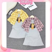 X28, Váy đầm bé gái, Váy 2 dây dáng dài cô gái tóc xù kèm áo sơ mi caro cho bé gái