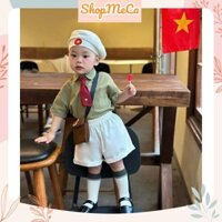 X32, Bộ quần áo cho bé 4 món, Set áo sơ mi kèm cà vạt và mũ lá cờ đỏ sao vàng cho bé