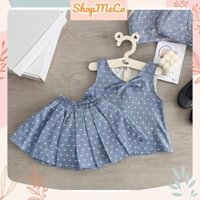 X35, Set bộ bé gái, Set áo jean nơ sát nách kèm chân váy xếp ly cho bé gái