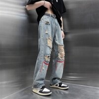 [XẢ - GIẢM SỐC] Quần jean nam rách trước phối chỉ màu đỏ cá tính, quần jean nam ống rộng trùm chân Hàn Quốc C856