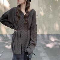 (xả hàng ) áo len form rộng dáng dài xẻ tà cổ chữ v kèm dây thắt lưng