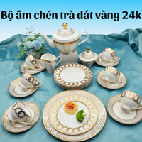 (XẢ HÀNG) Bộ ấm trà, set ấm chén trà cao cấp, sang trọng dát vàng 24k, vàng dập nổi, quà tặng quà biếu