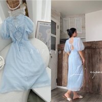 (XẢ HÀNG) Đầm Nữ Maxi Đi Biển Màu Xanh Tay Bồng Khoét Lưng Điệu Đà