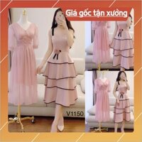 [Xả Hàng Dịp Tết] Váy đầm hồng 2 dây xếp ly tầng quyến rũ V1150