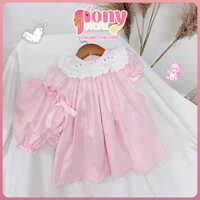 [XẢ HÀNG HÈ] Sét Váy Thô Babydoll xuất Hàn cho bé gái thêu hoa kẹp nơ hai bên + quần đi kèm, sét váy màu hồng xinh xắn