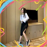 Xả Hết 168B1 Set áo thun lệch vai và chân váy voan xẻ tà   Xả Hết
