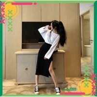 xả kho 168B1 Set áo thun lệch vai và chân váy voan xẻ tà xả kho