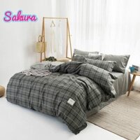 XẢ KHO-  Bộ Chăn Ga Gối Đệm Poly Coton Đũi Hàn Quốc Caro Đen Rêu -BST Chăn Ga Gối Poly