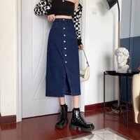 [XẢ KHO] Chân váy jean dài xẻ tà SARAMIA dáng chữ A cạp cao váy bò midi phối cúc nữ v7