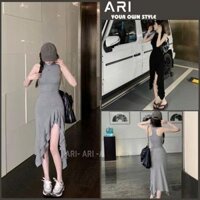 XẢ KHO - Đầm maxi chất thun borip ôm body tôn dáng, Váy cổ yếm dáng dài phối bèo gợi cảm - ARI
