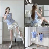 XẢ KHO - Đầm Thun Bánh Bèo Tầng Phối Với Áo Kiểu Buộc Nơ Sau Cho Các Nàng Tiểu Thư - ARI