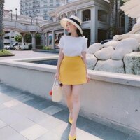 [XẢ KHO DUY NHẤT 1 NGÀY] Set áo voan bèo và chân váy bút chì màu vàng sang chảnh_có ảnh thật