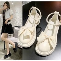 (Xả kho) Form to Chọn lùi size - Giày boot lolita mũi nơ voan mềm, cổ chân chuỗi ngọc trẻ trung điệu đà