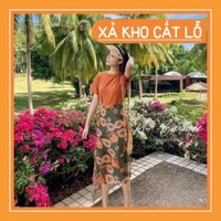 [XẢ KHO - FREESHIP]  Set áo thun cam mix chân váy voan hoa vintage