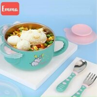 XẢ KHO - GIÁ TỐT - Bộ Bát Ăn Dặm có nắp, thìa, nĩa, đế hút chân không chống đổ đa năng Emma Kids Cho Bé