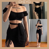 [XẢ KHO] Set Áo Kiểu Cột Dây Eo Trễ Vai Kèm Chân Váy Xẻ Tà Dây Rút S95