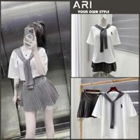 XẢ KHO - Set váy nữ áo phông cổ tròn kèm khăn mix chân váy xếp ly dáng ngắn tiểu thư nữ tính - ARI