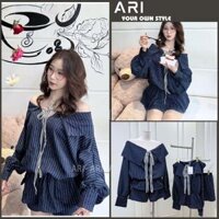 XẢ KHO - Sét váy nữ, Áo trễ vai kẻ xanh nơ cổ dáng Peppum mix quần sooc đùi hottrend 2025 - ARI