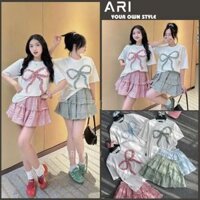 XẢ KHO - Set váy nữ bèo nhún, áo phông trắng đính nơ to đi kèm chân váy xòe nữ tính siêu xinh - ARI